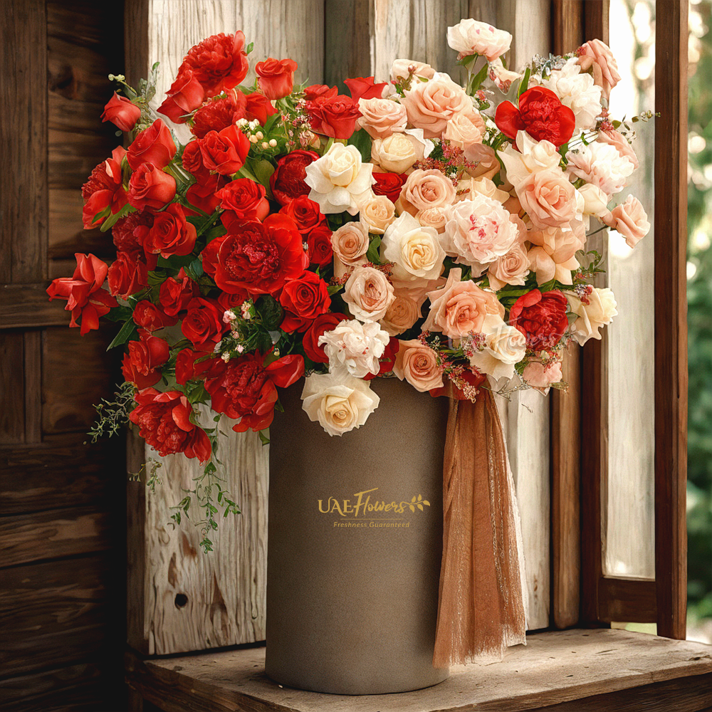 Red roses, Cappuccino roses, Red and pink peonies and White hypericum with green fillers and red net in a tall round box.