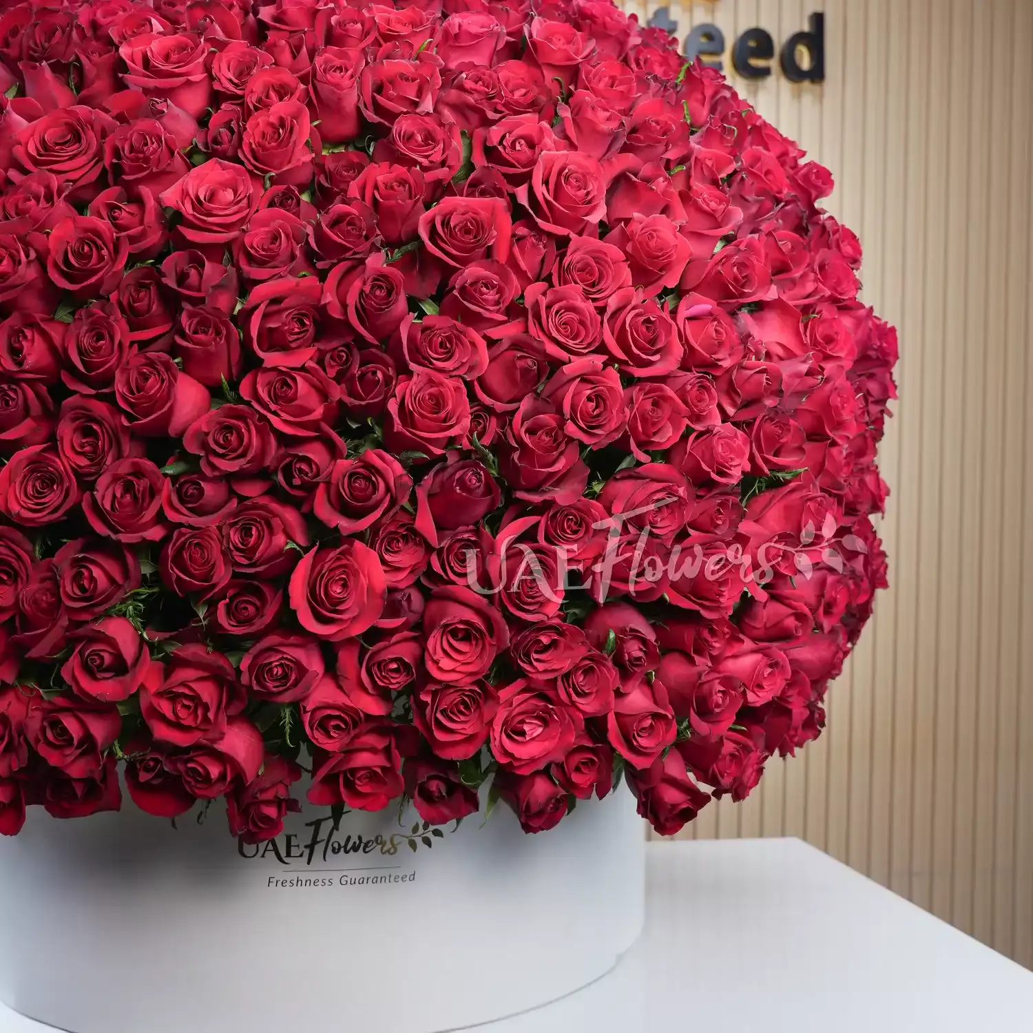 round box arrangement of 1000 red roses